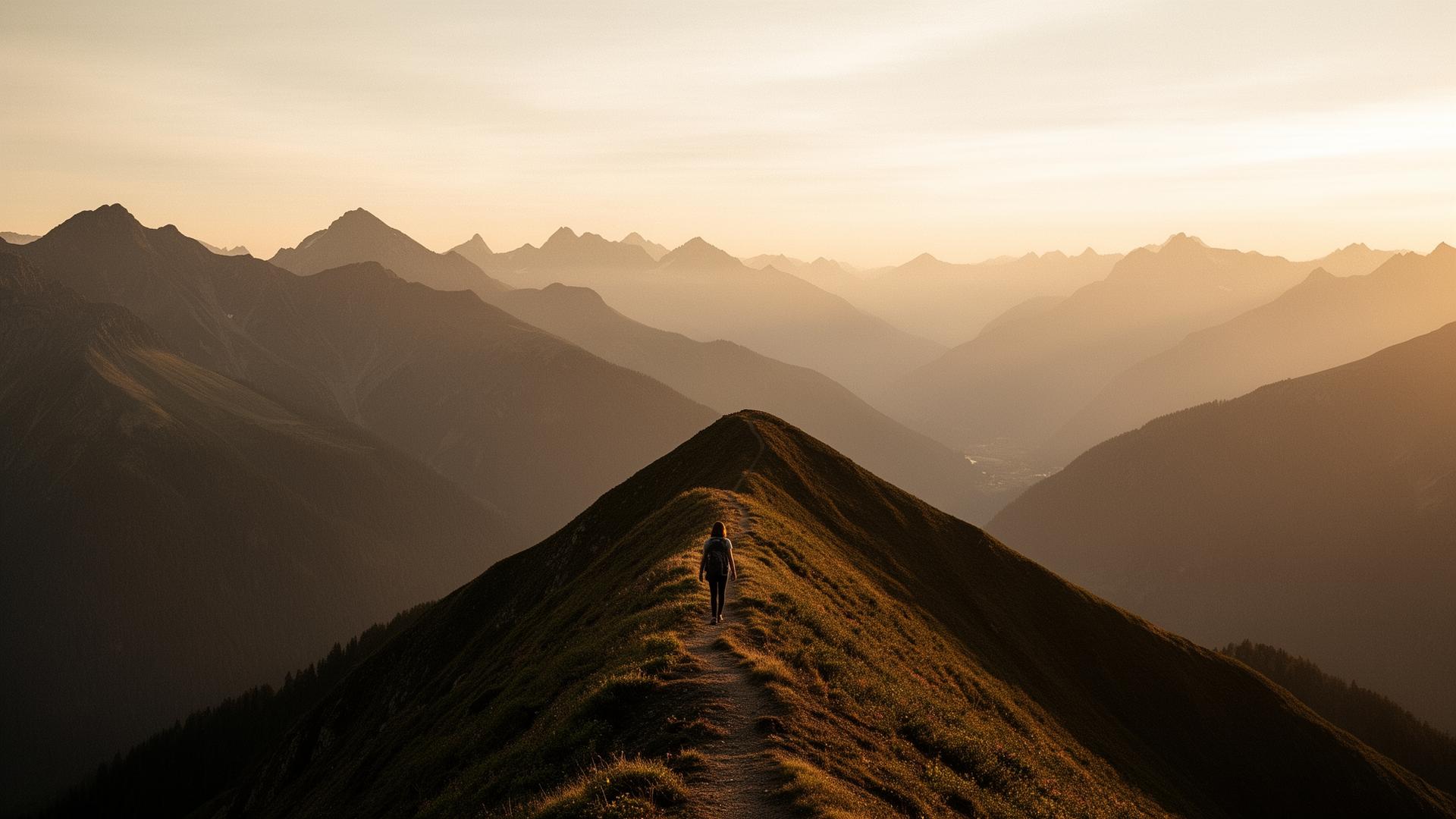 Hiker on a ridgeline at golden hour