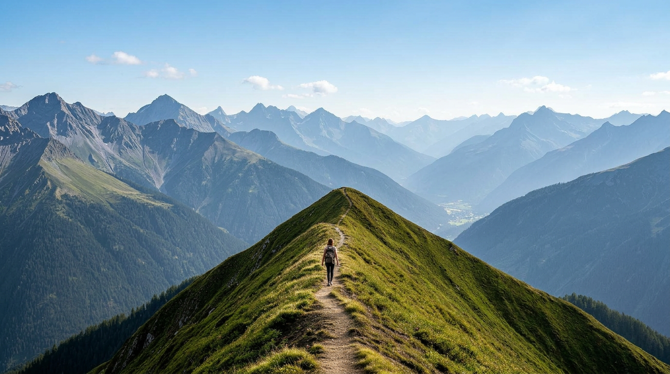 Hiker on a ridgeline at golden hour